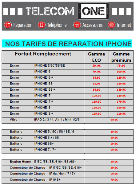 BAISSE DE PRIX... Forfaits Réparation Ecran IPAD et IPHONE chez Telecom ONE